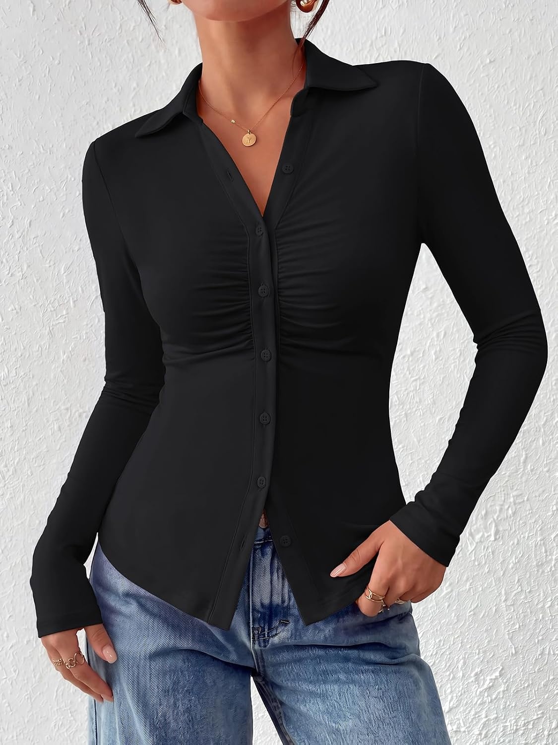 image:imagePRETTYGARDEN Womens Button Down Shirts V Neck Collared Ruched Slim Fit Long Sleeve Shirt Casual Fall Fashion Ladies TopsBlack