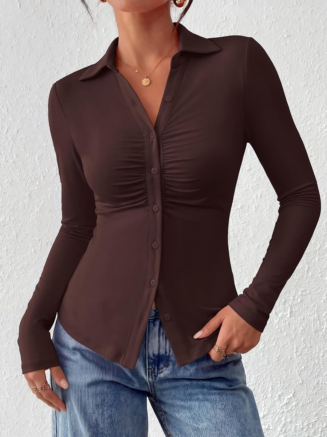 image:imagePRETTYGARDEN Womens Button Down Shirts V Neck Collared Ruched Slim Fit Long Sleeve Shirt Casual Fall Fashion Ladies TopsBrown