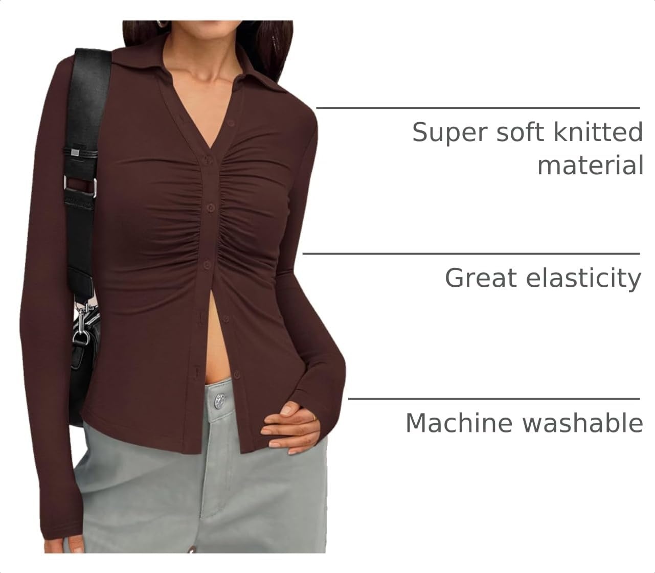 image:imagePRETTYGARDEN Womens Button Down Shirts V Neck Collared Ruched Slim Fit Long Sleeve Shirt Casual Fall Fashion Ladies TopsBrown