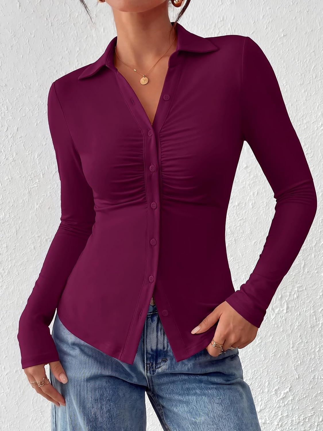 image:imagePRETTYGARDEN Womens Button Down Shirts V Neck Collared Ruched Slim Fit Long Sleeve Shirt Casual Fall Fashion Ladies TopsBurgundy