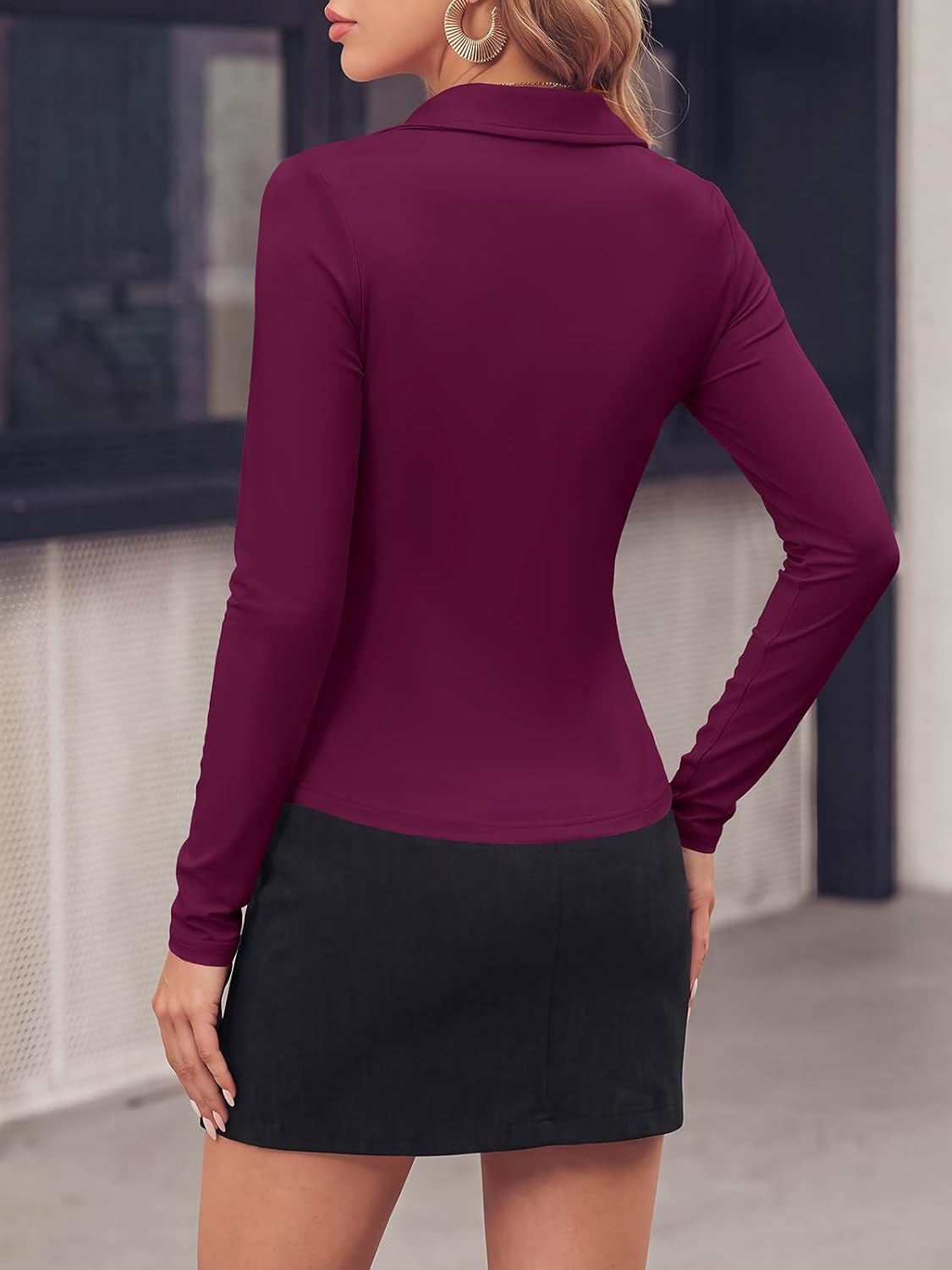 image:imagePRETTYGARDEN Womens Button Down Shirts V Neck Collared Ruched Slim Fit Long Sleeve Shirt Casual Fall Fashion Ladies TopsBurgundy