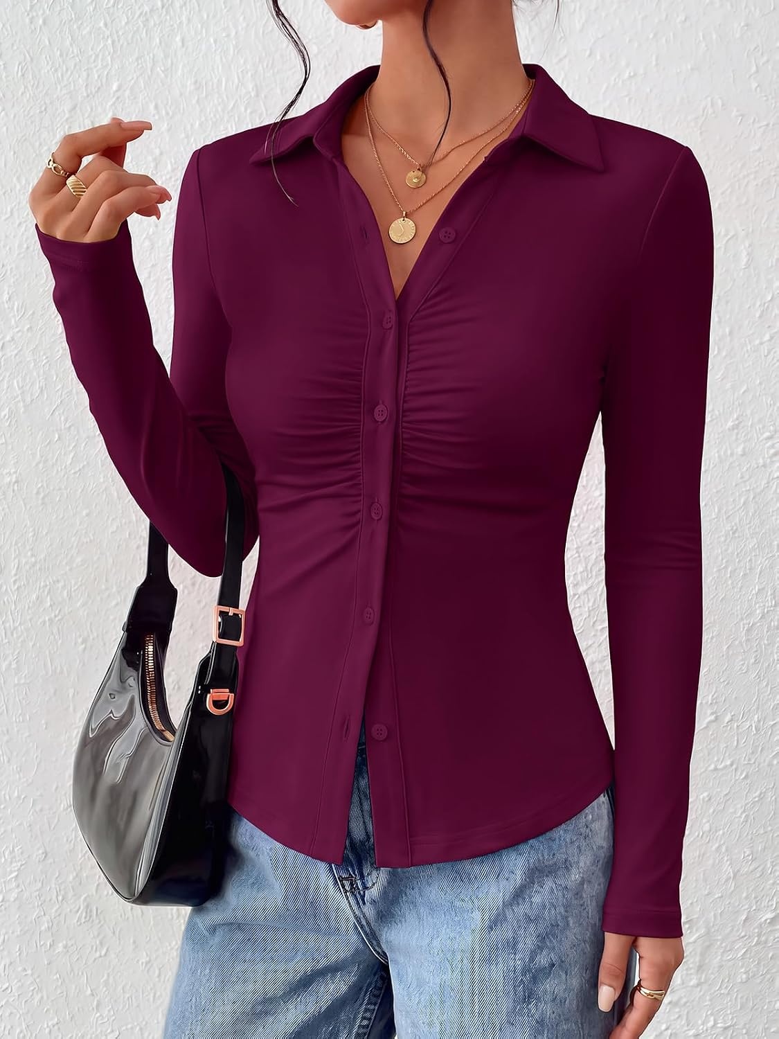 image:imagePRETTYGARDEN Womens Button Down Shirts V Neck Collared Ruched Slim Fit Long Sleeve Shirt Casual Fall Fashion Ladies TopsBurgundy