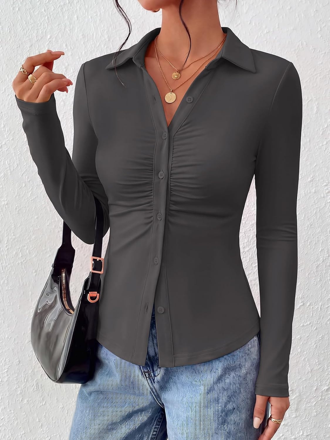 image:imagePRETTYGARDEN Womens Button Down Shirts V Neck Collared Ruched Slim Fit Long Sleeve Shirt Casual Fall Fashion Ladies TopsGrey