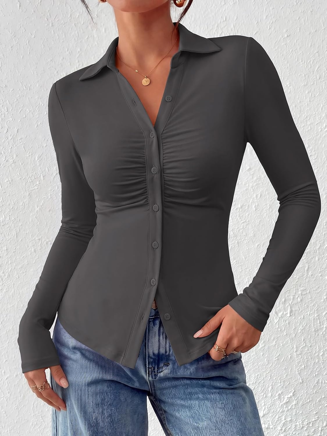 image:imagePRETTYGARDEN Womens Button Down Shirts V Neck Collared Ruched Slim Fit Long Sleeve Shirt Casual Fall Fashion Ladies TopsGrey