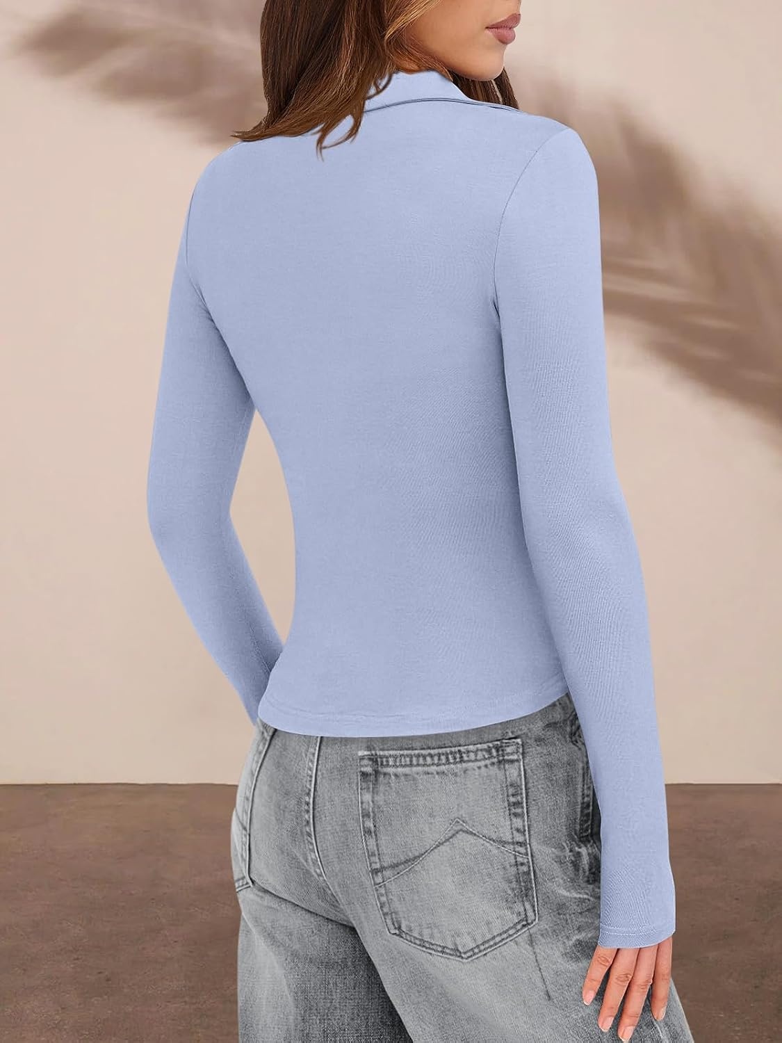 image:imagePRETTYGARDEN Womens Button Down Shirts V Neck Collared Ruched Slim Fit Long Sleeve Shirt Casual Fall Fashion Ladies TopsLight Blue