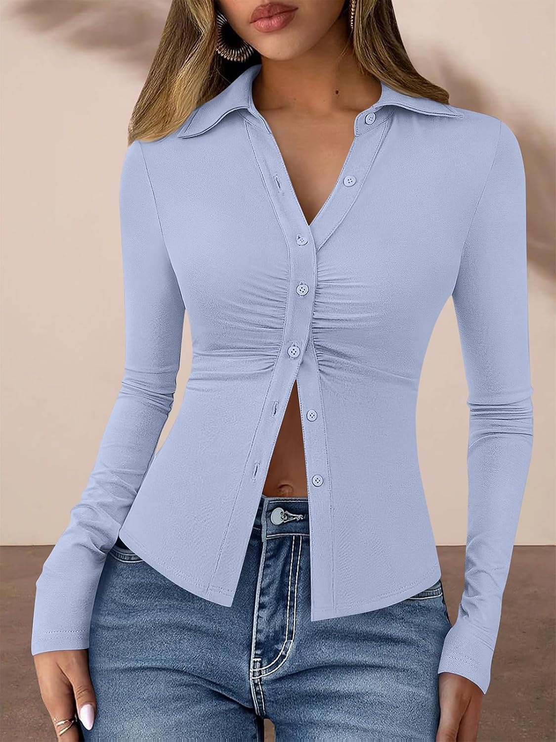 image:imagePRETTYGARDEN Womens Button Down Shirts V Neck Collared Ruched Slim Fit Long Sleeve Shirt Casual Fall Fashion Ladies TopsLight Blue