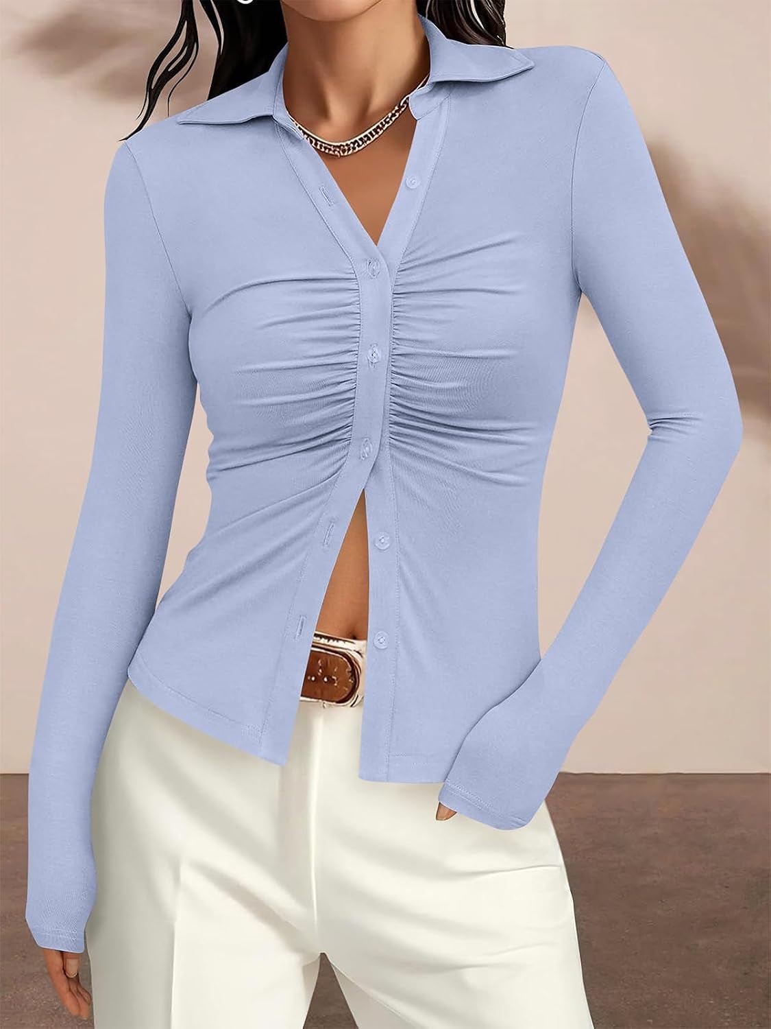 image:imagePRETTYGARDEN Womens Button Down Shirts V Neck Collared Ruched Slim Fit Long Sleeve Shirt Casual Fall Fashion Ladies TopsLight Blue
