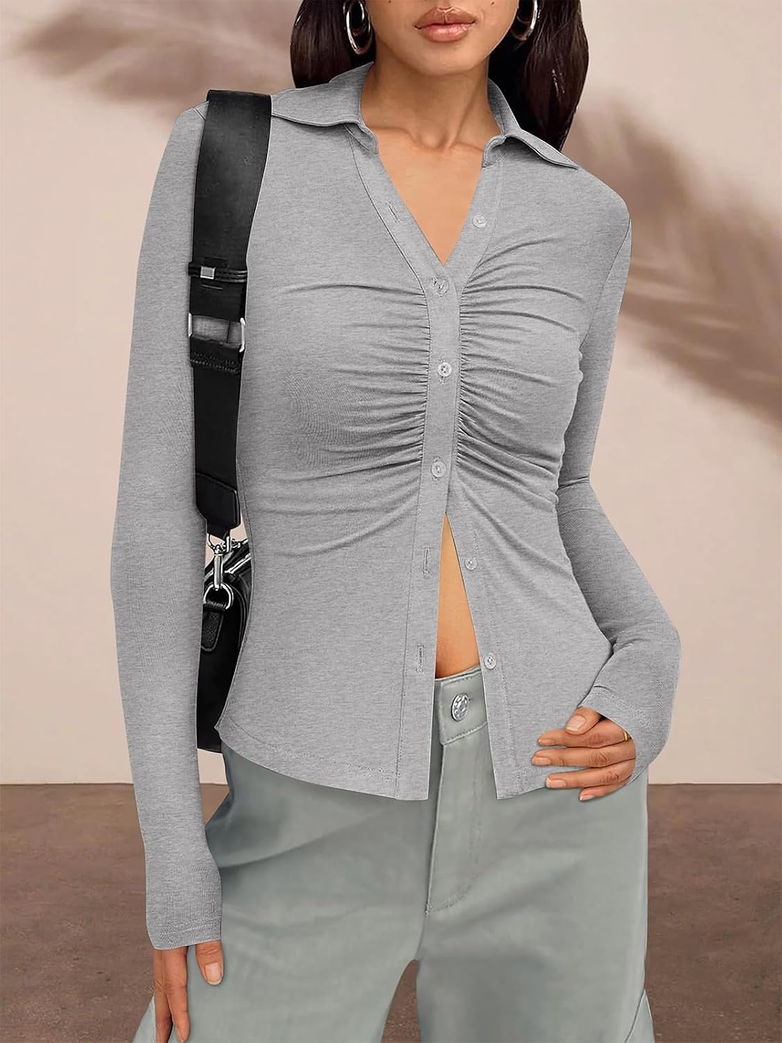 image:imagePRETTYGARDEN Womens Button Down Shirts V Neck Collared Ruched Slim Fit Long Sleeve Shirt Casual Fall Fashion Ladies TopsLight Grey