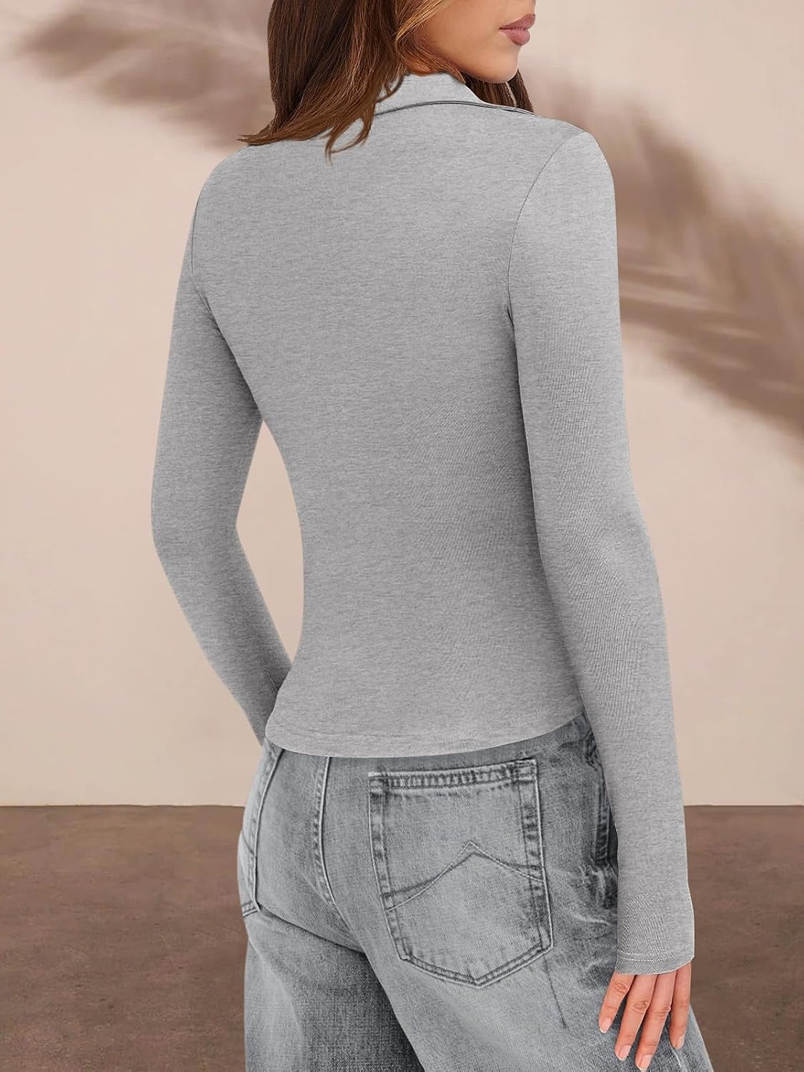 image:imagePRETTYGARDEN Womens Button Down Shirts V Neck Collared Ruched Slim Fit Long Sleeve Shirt Casual Fall Fashion Ladies TopsLight Grey