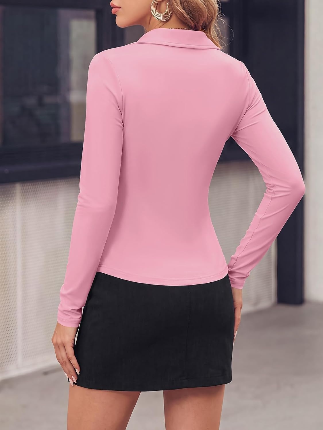 image:imagePRETTYGARDEN Womens Button Down Shirts V Neck Collared Ruched Slim Fit Long Sleeve Shirt Casual Fall Fashion Ladies TopsPink