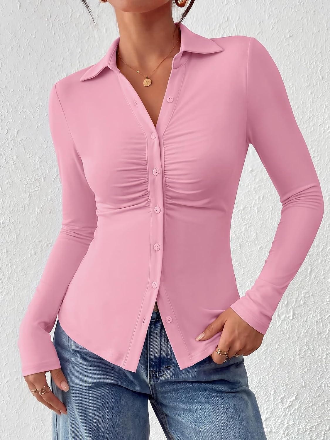 image:imagePRETTYGARDEN Womens Button Down Shirts V Neck Collared Ruched Slim Fit Long Sleeve Shirt Casual Fall Fashion Ladies TopsPink
