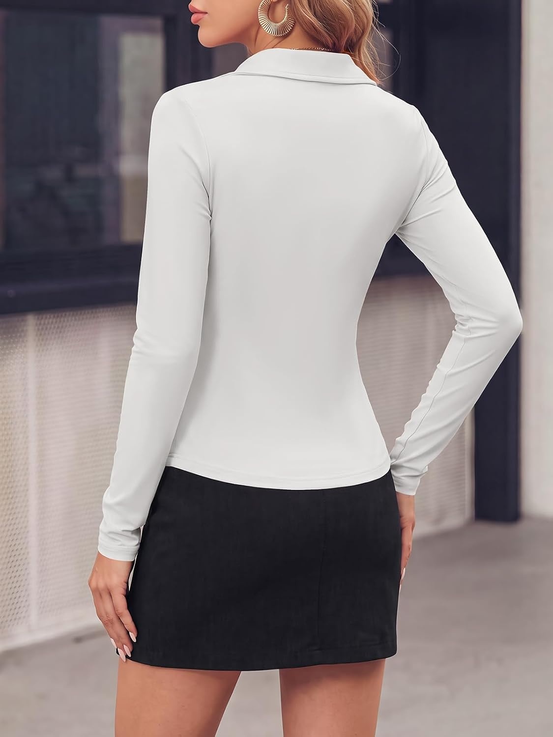 image:imagePRETTYGARDEN Womens Button Down Shirts V Neck Collared Ruched Slim Fit Long Sleeve Shirt Casual Fall Fashion Ladies TopsWhite