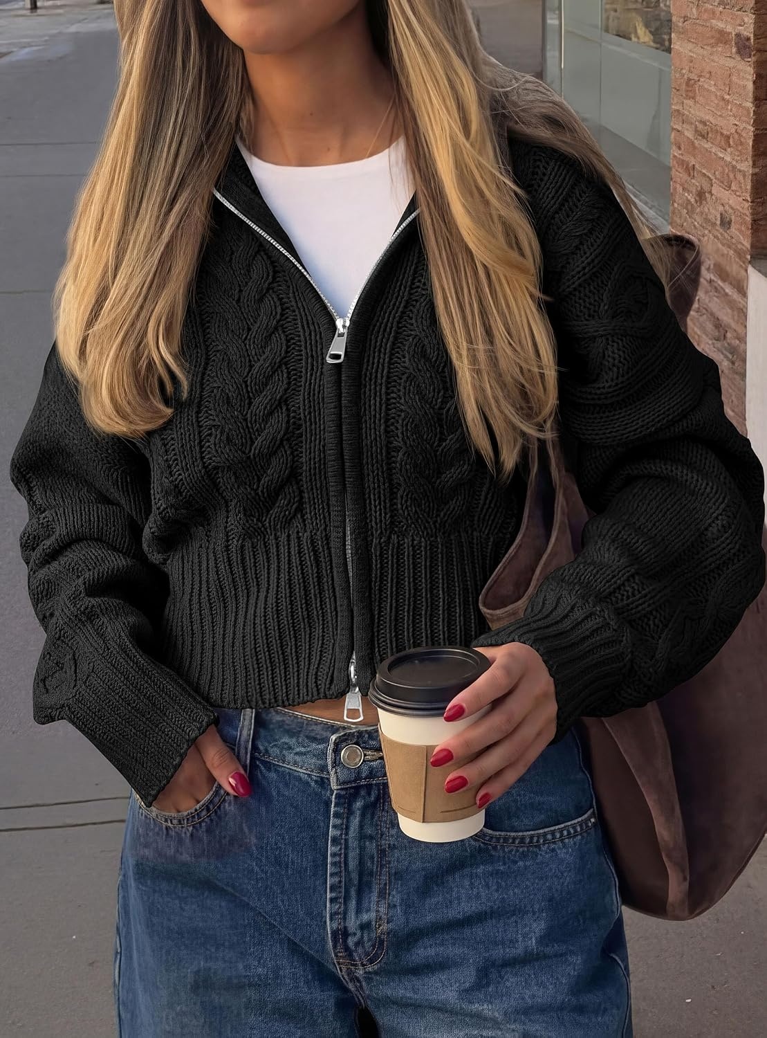 image:imagePRETTYGARDEN Womens Cable Knit Cropped Cardigan SweatersBlack