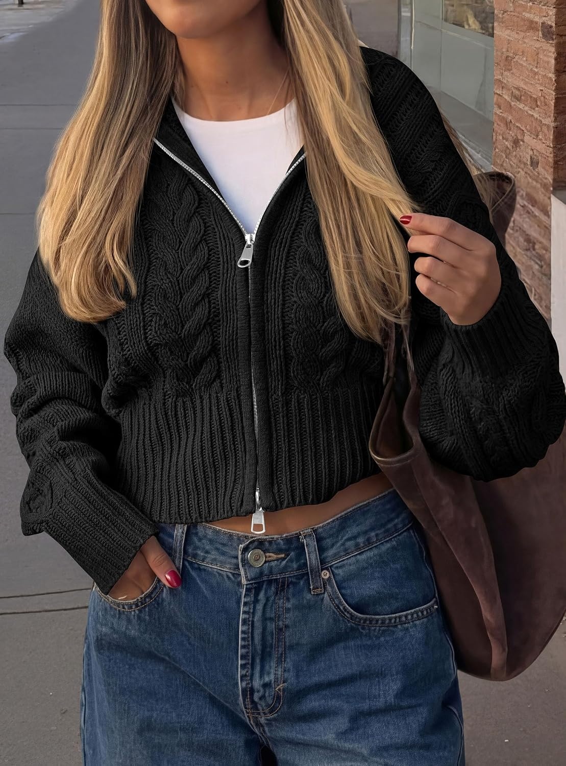 image:imagePRETTYGARDEN Womens Cable Knit Cropped Cardigan SweatersBlack