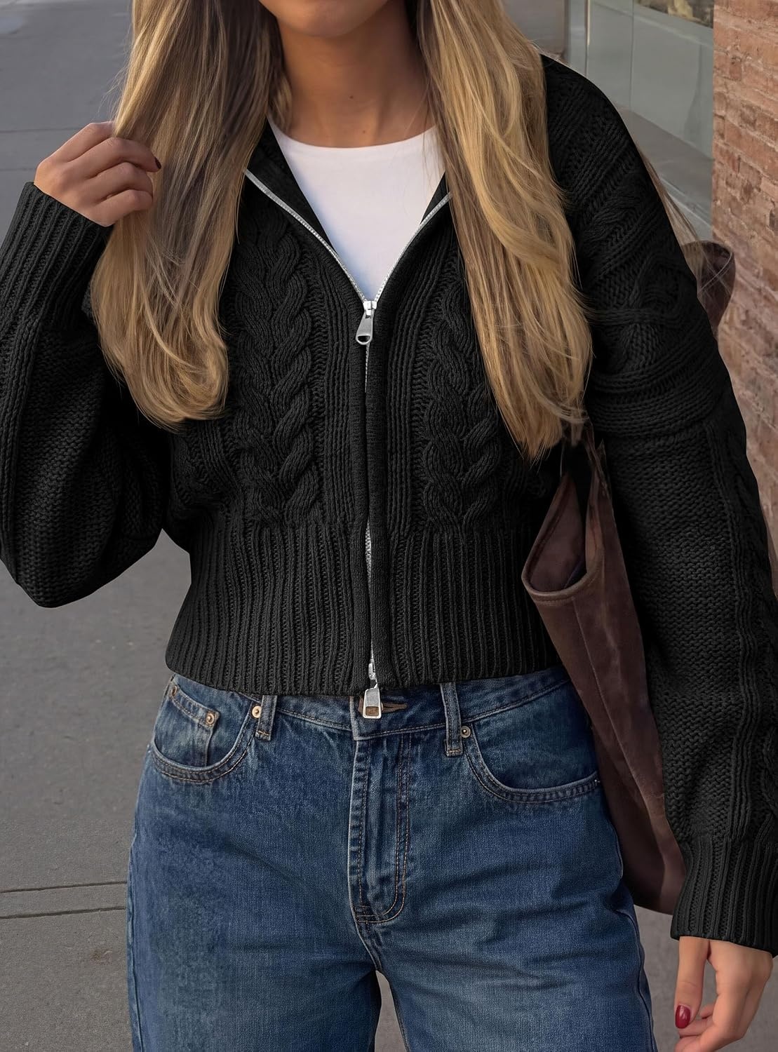 image:imagePRETTYGARDEN Womens Cable Knit Cropped Cardigan SweatersBlack