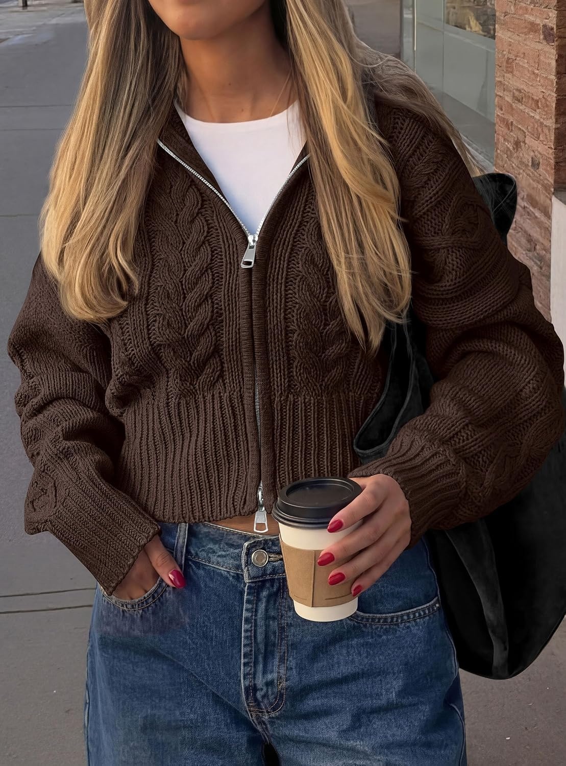 image:imagePRETTYGARDEN Womens Cable Knit Cropped Cardigan SweatersBrown