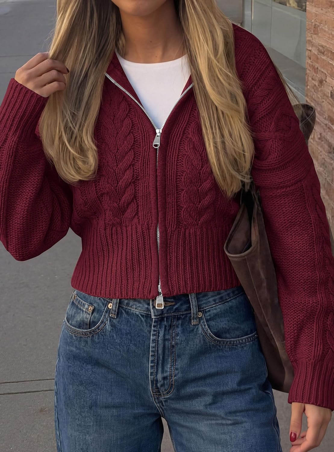image:imagePRETTYGARDEN Womens Cable Knit Cropped Cardigan SweatersBurgundy