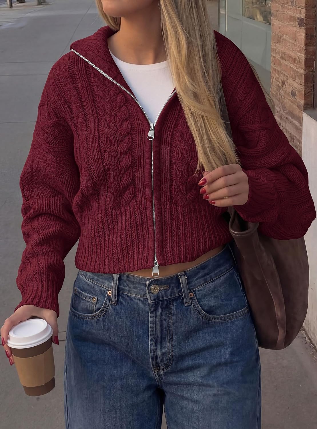 image:imagePRETTYGARDEN Womens Cable Knit Cropped Cardigan SweatersBurgundy