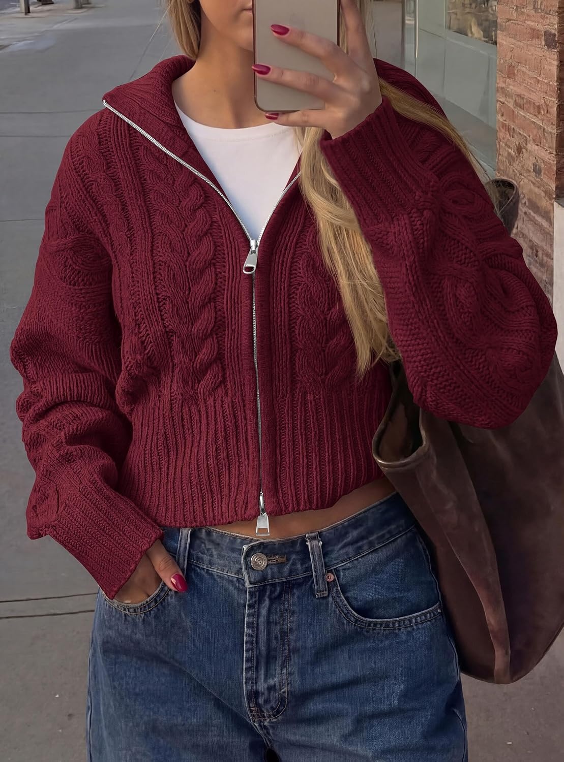 image:imagePRETTYGARDEN Womens Cable Knit Cropped Cardigan SweatersBurgundy