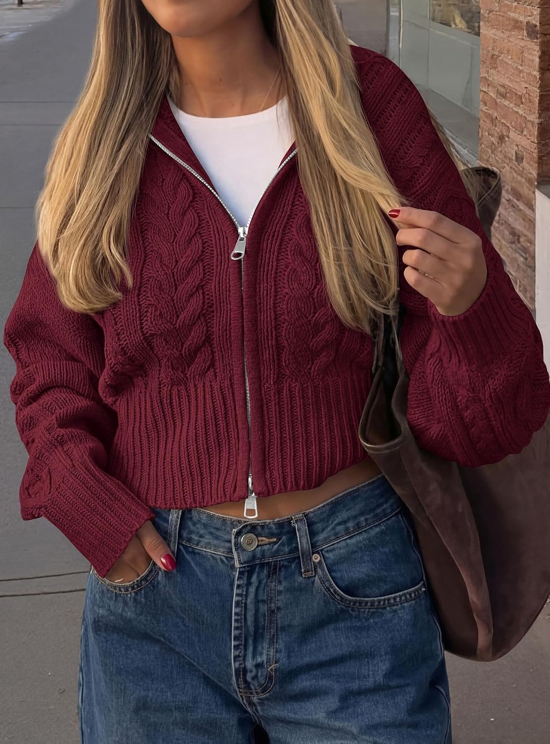 image:imagePRETTYGARDEN Womens Cable Knit Cropped Cardigan SweatersBurgundy