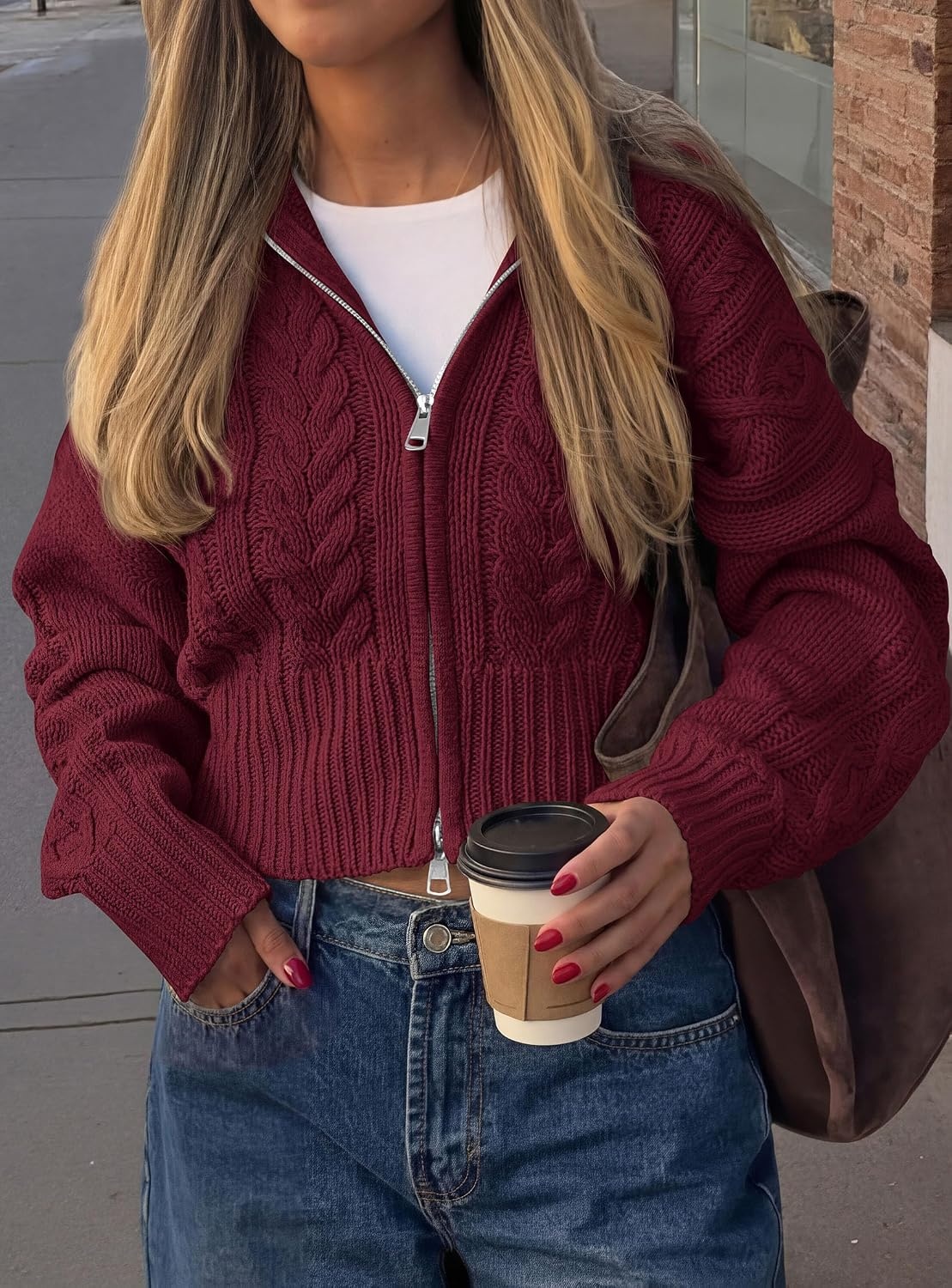 image:imagePRETTYGARDEN Womens Cable Knit Cropped Cardigan SweatersBurgundy