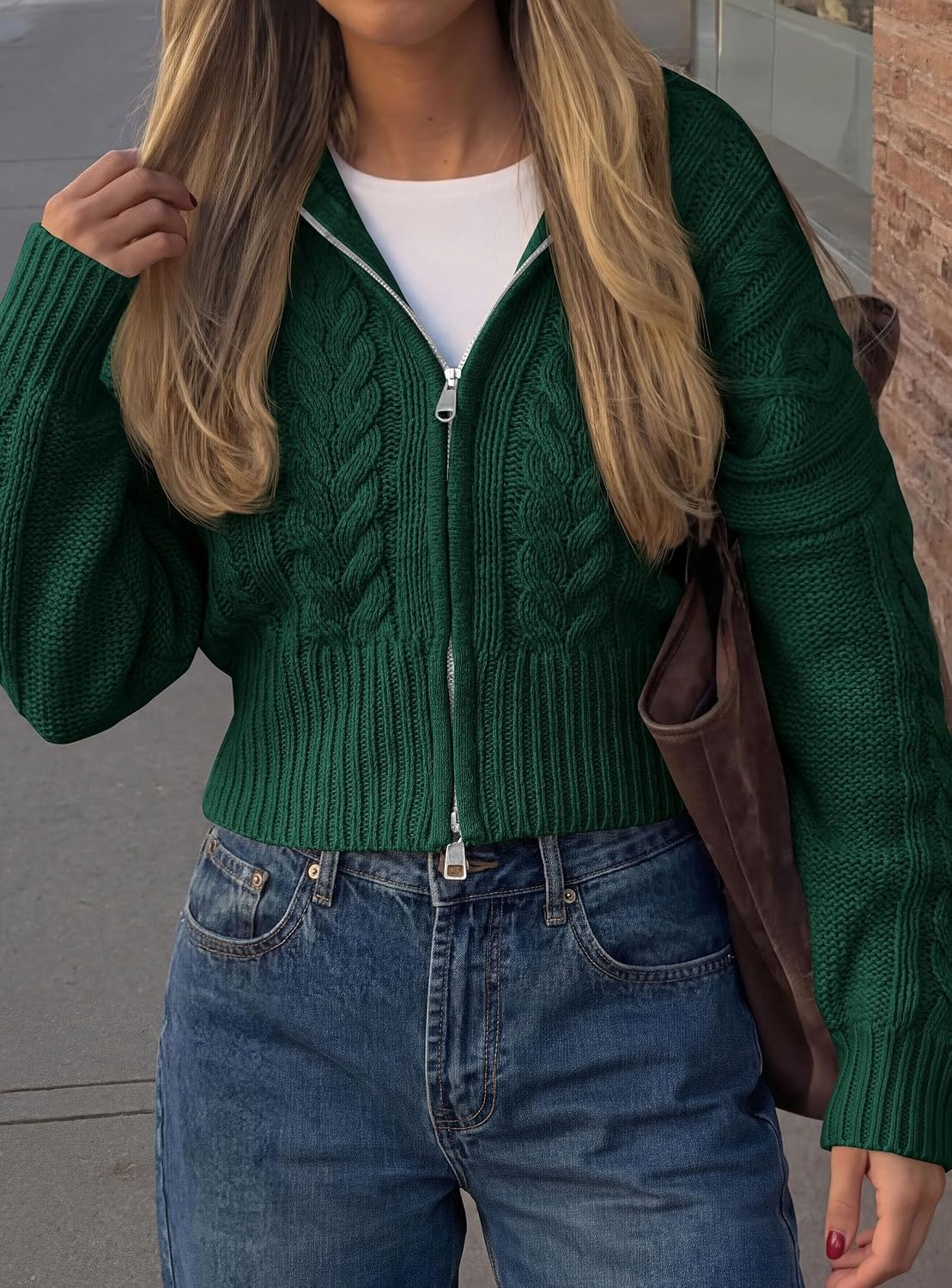 image:imagePRETTYGARDEN Womens Cable Knit Cropped Cardigan SweatersDark Green