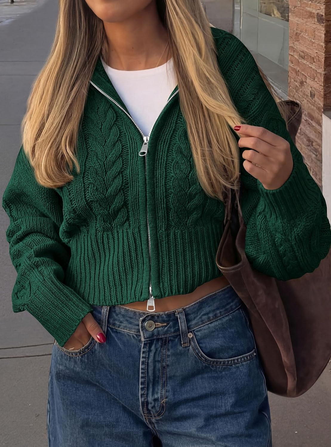 image:imagePRETTYGARDEN Womens Cable Knit Cropped Cardigan SweatersDark Green