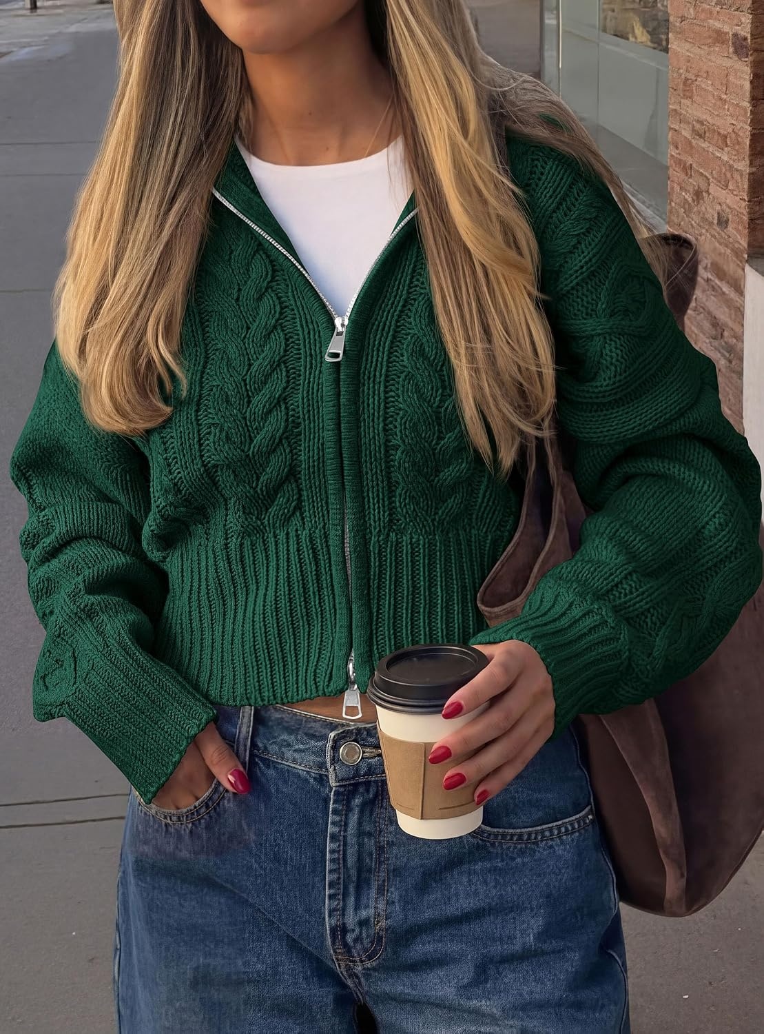 image:imagePRETTYGARDEN Womens Cable Knit Cropped Cardigan SweatersDark Green
