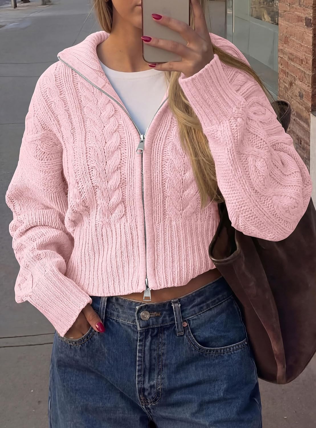 image:imagePRETTYGARDEN Womens Cable Knit Cropped Cardigan SweatersPink