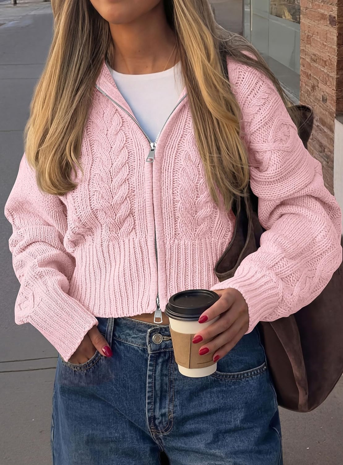 image:imagePRETTYGARDEN Womens Cable Knit Cropped Cardigan SweatersPink