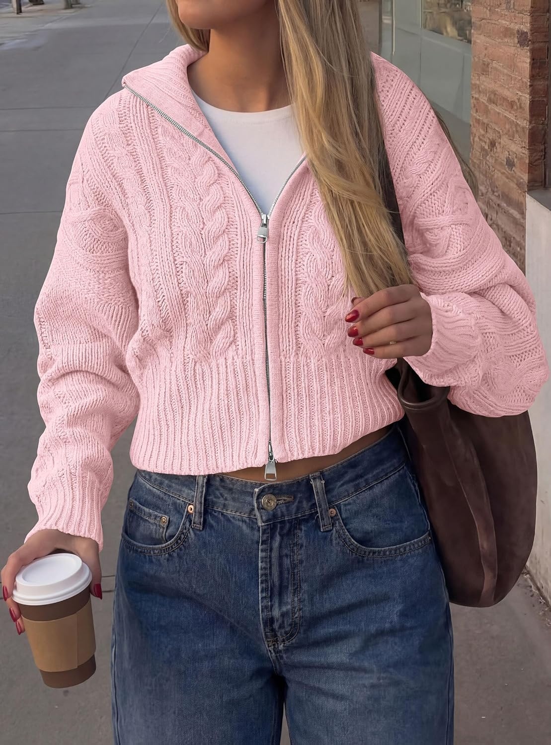 image:imagePRETTYGARDEN Womens Cable Knit Cropped Cardigan SweatersPink