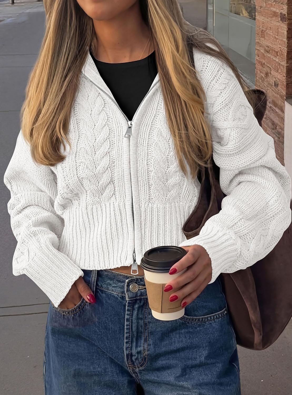 image:imagePRETTYGARDEN Womens Cable Knit Cropped Cardigan SweatersWhite