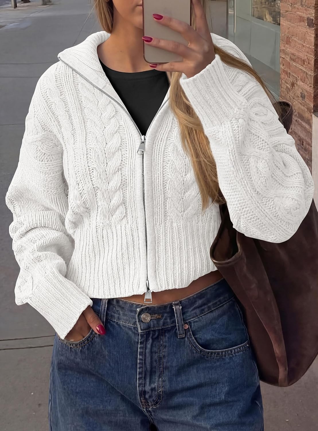 image:imagePRETTYGARDEN Womens Cable Knit Cropped Cardigan SweatersWhite