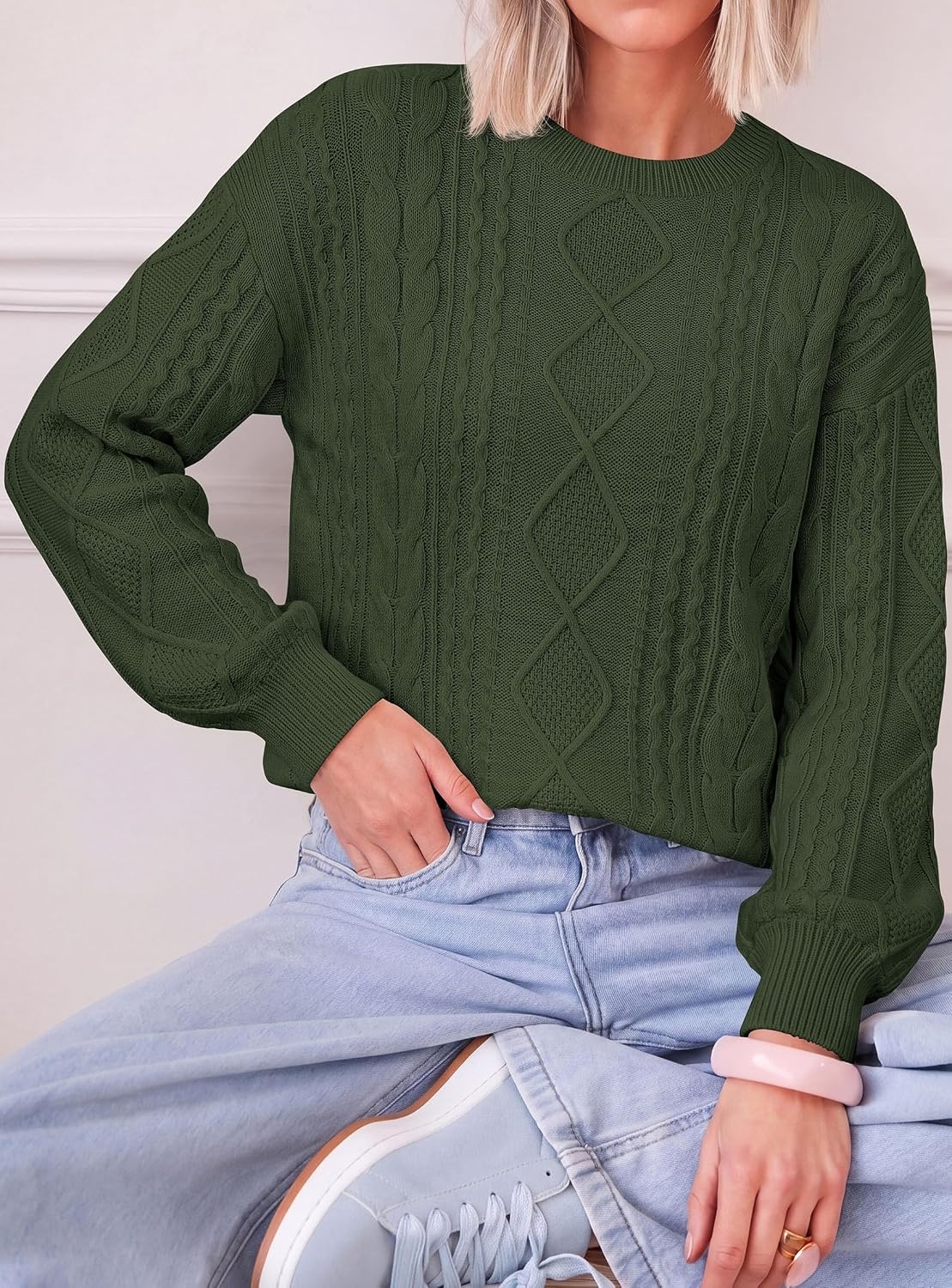 image:imagePRETTYGARDEN Womens Cable Knit Sweater Crewneck PulloverArmy Green