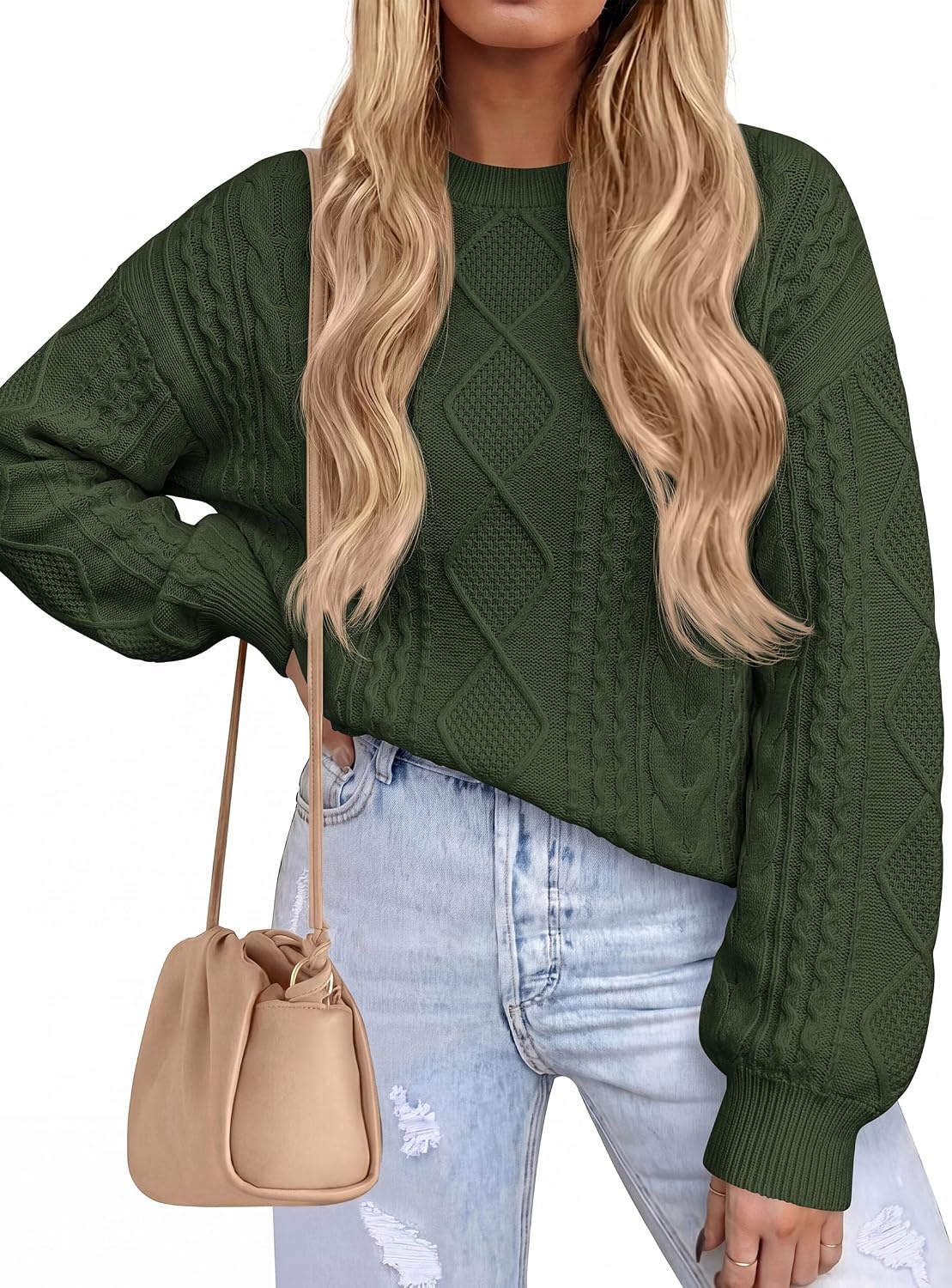 image:imagePRETTYGARDEN Womens Cable Knit Sweater Crewneck PulloverArmy Green
