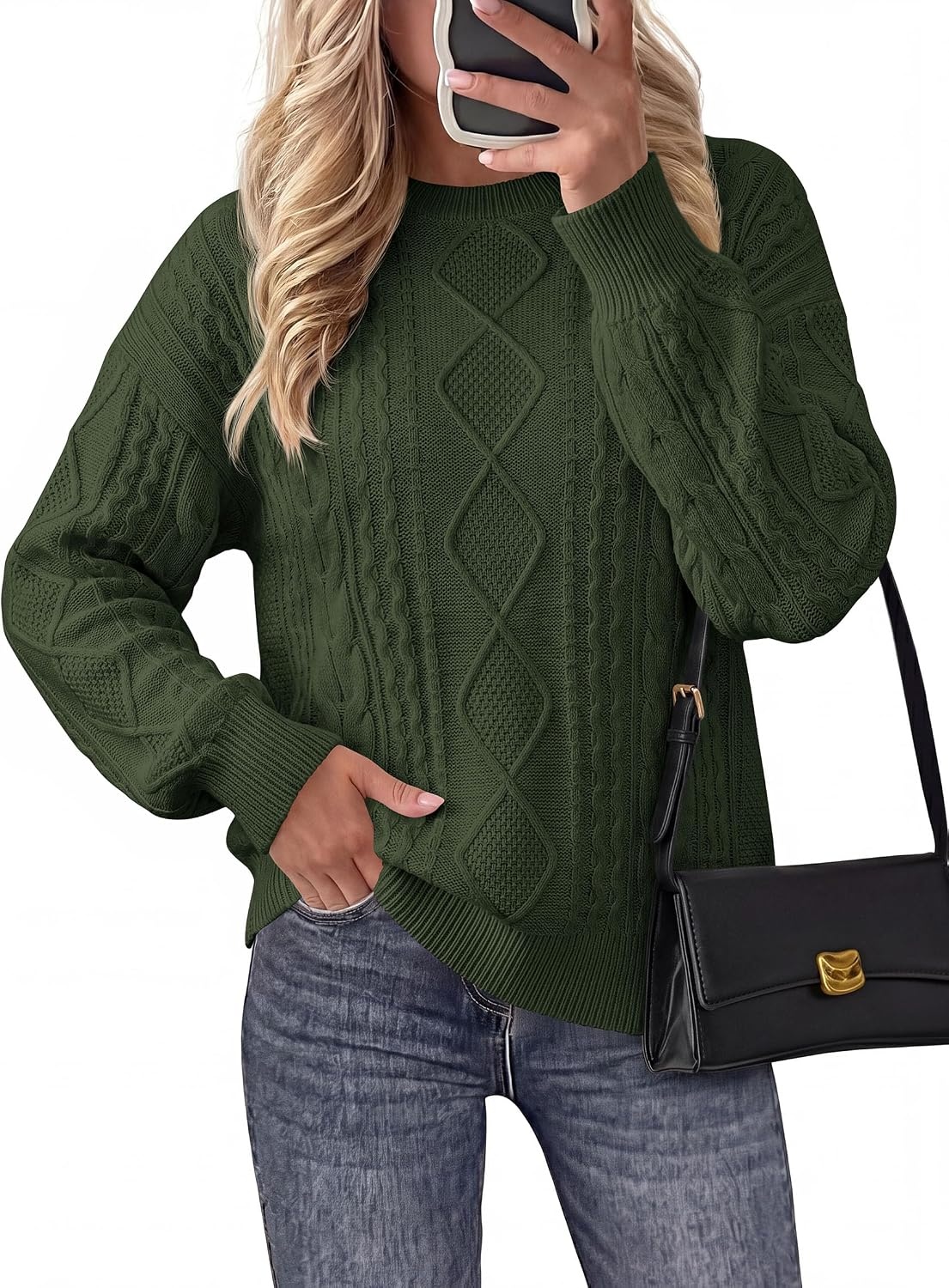 image:imagePRETTYGARDEN Womens Cable Knit Sweater Crewneck PulloverArmy Green