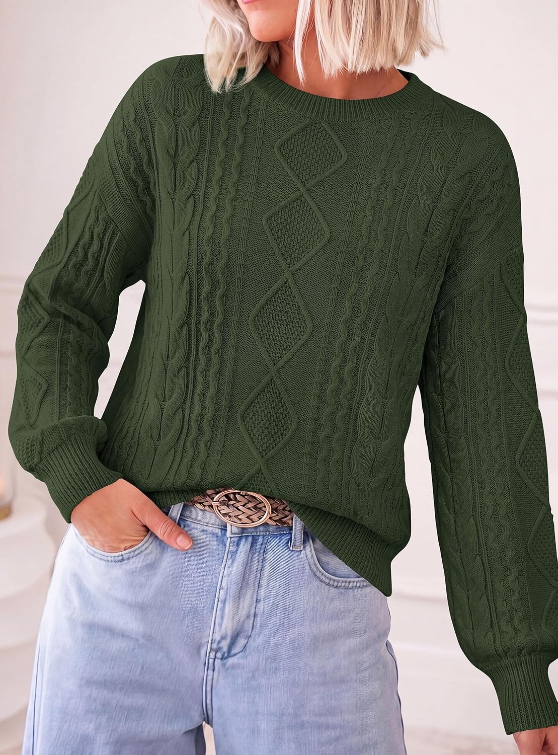 image:imagePRETTYGARDEN Womens Cable Knit Sweater Crewneck PulloverArmy Green