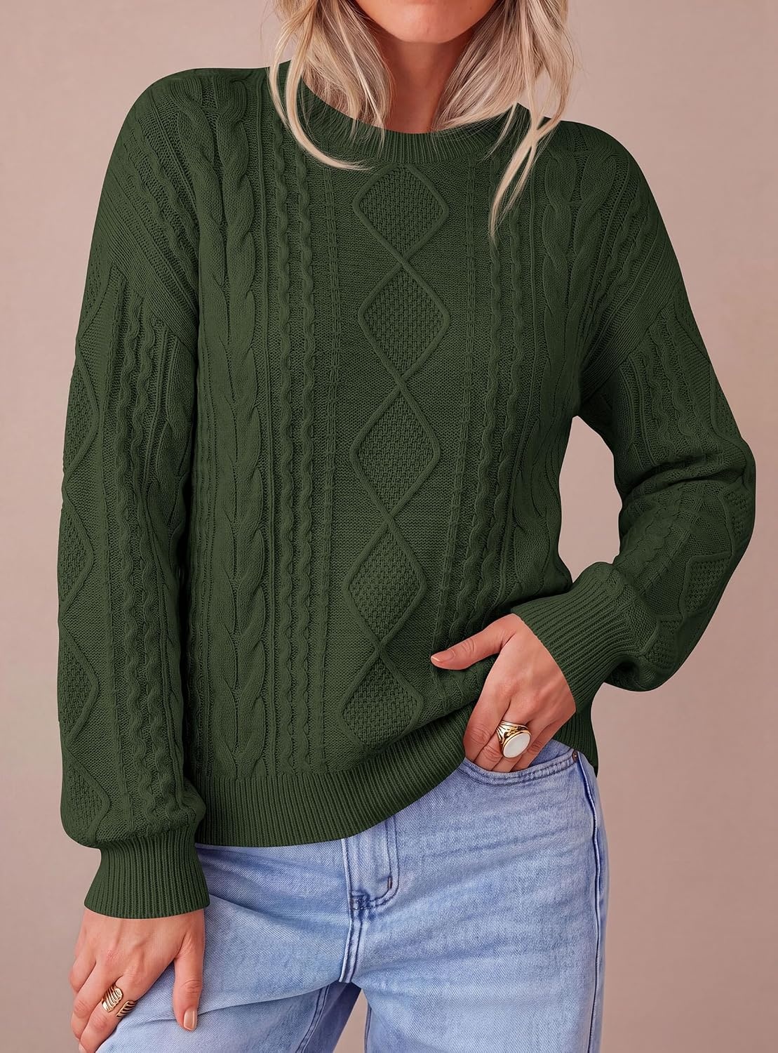 image:imagePRETTYGARDEN Womens Cable Knit Sweater Crewneck PulloverArmy Green