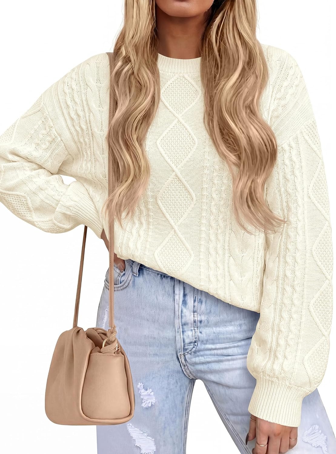 image:imagePRETTYGARDEN Womens Cable Knit Sweater Crewneck PulloverBeige