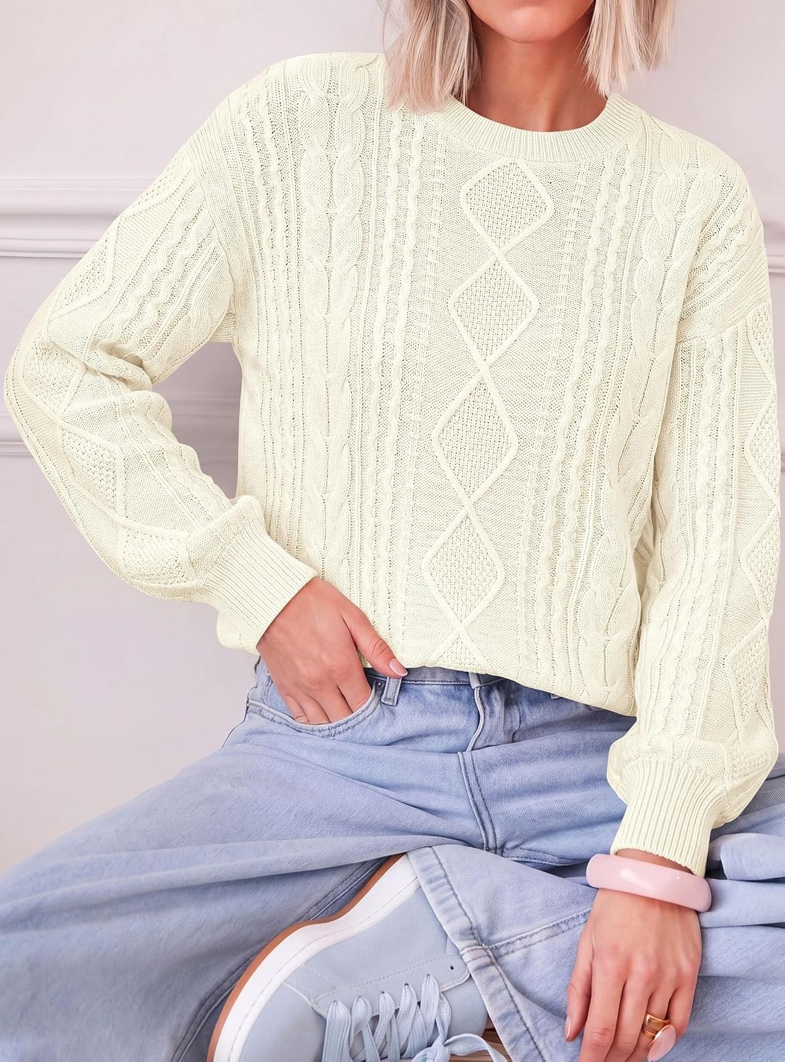 image:imagePRETTYGARDEN Womens Cable Knit Sweater Crewneck PulloverBeige