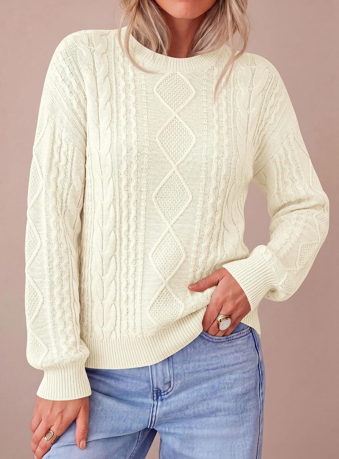 image:imagePRETTYGARDEN Womens Cable Knit Sweater Crewneck PulloverBeige