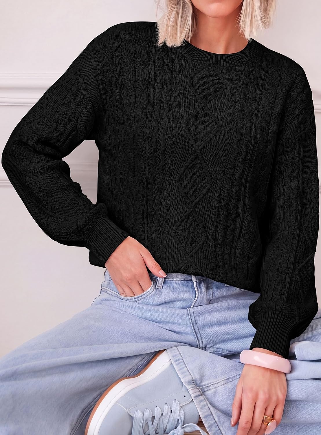 image:imagePRETTYGARDEN Womens Cable Knit Sweater Crewneck PulloverBlack