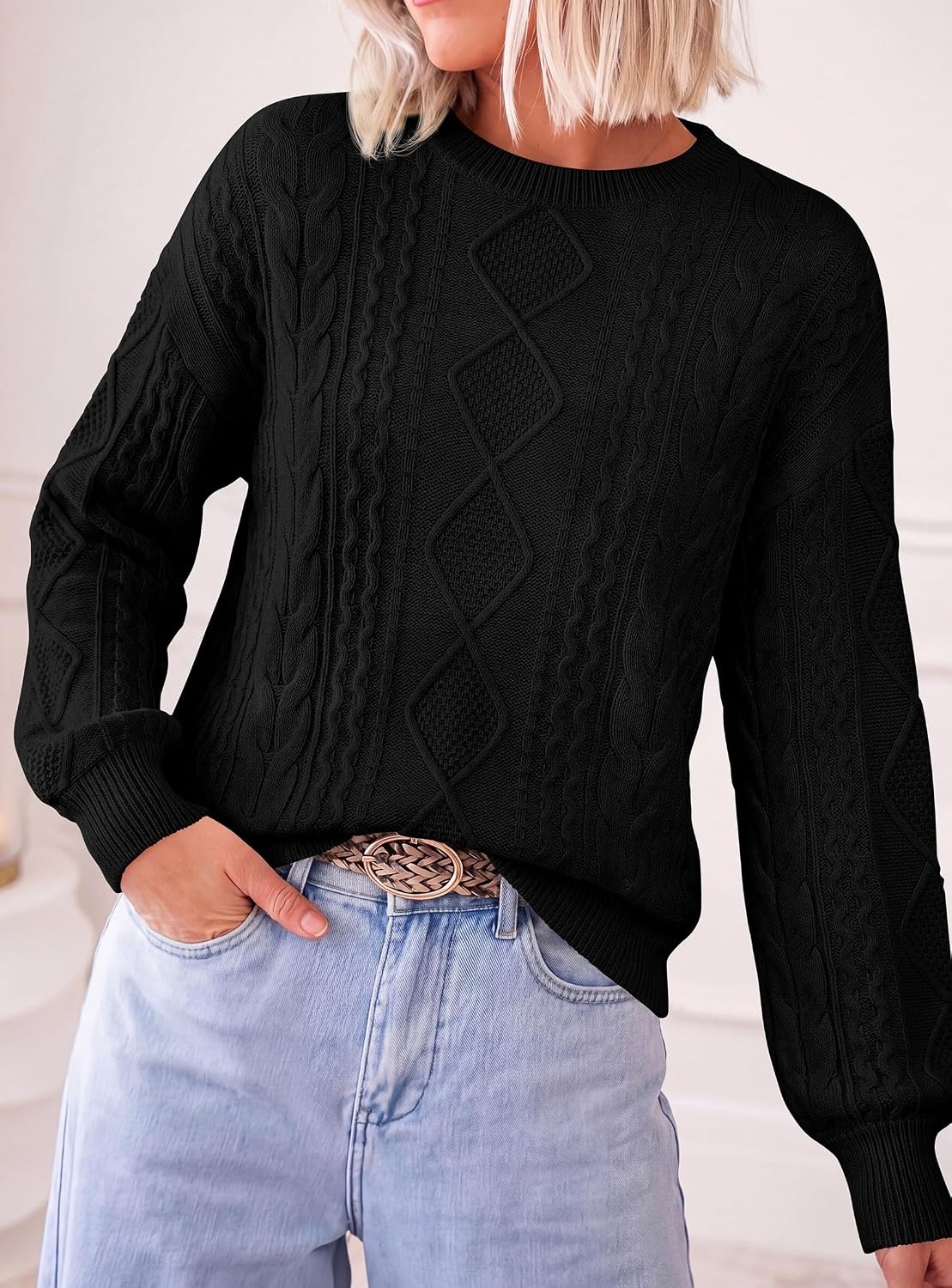 image:imagePRETTYGARDEN Womens Cable Knit Sweater Crewneck PulloverBlack