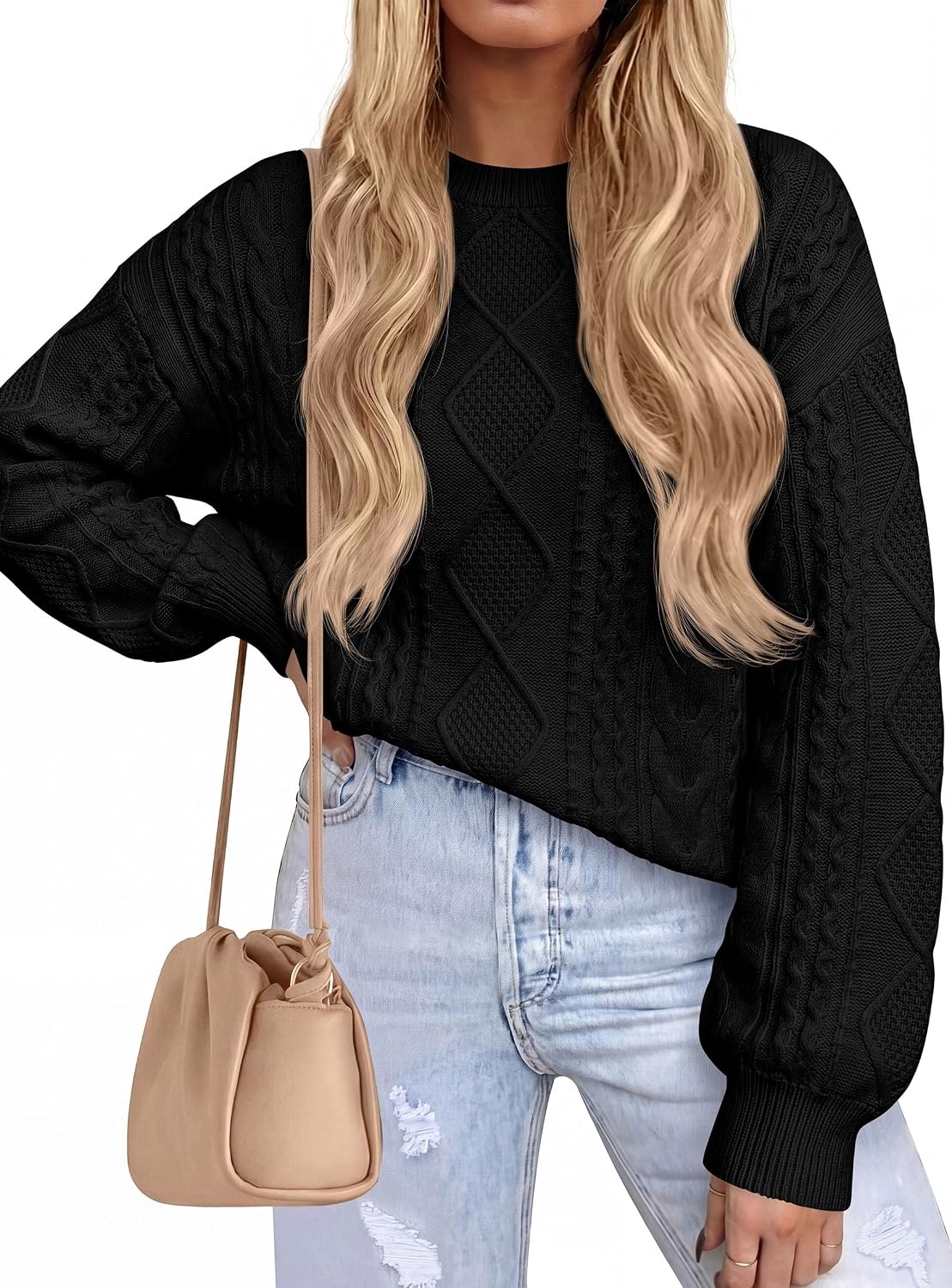 image:imagePRETTYGARDEN Womens Cable Knit Sweater Crewneck PulloverBlack