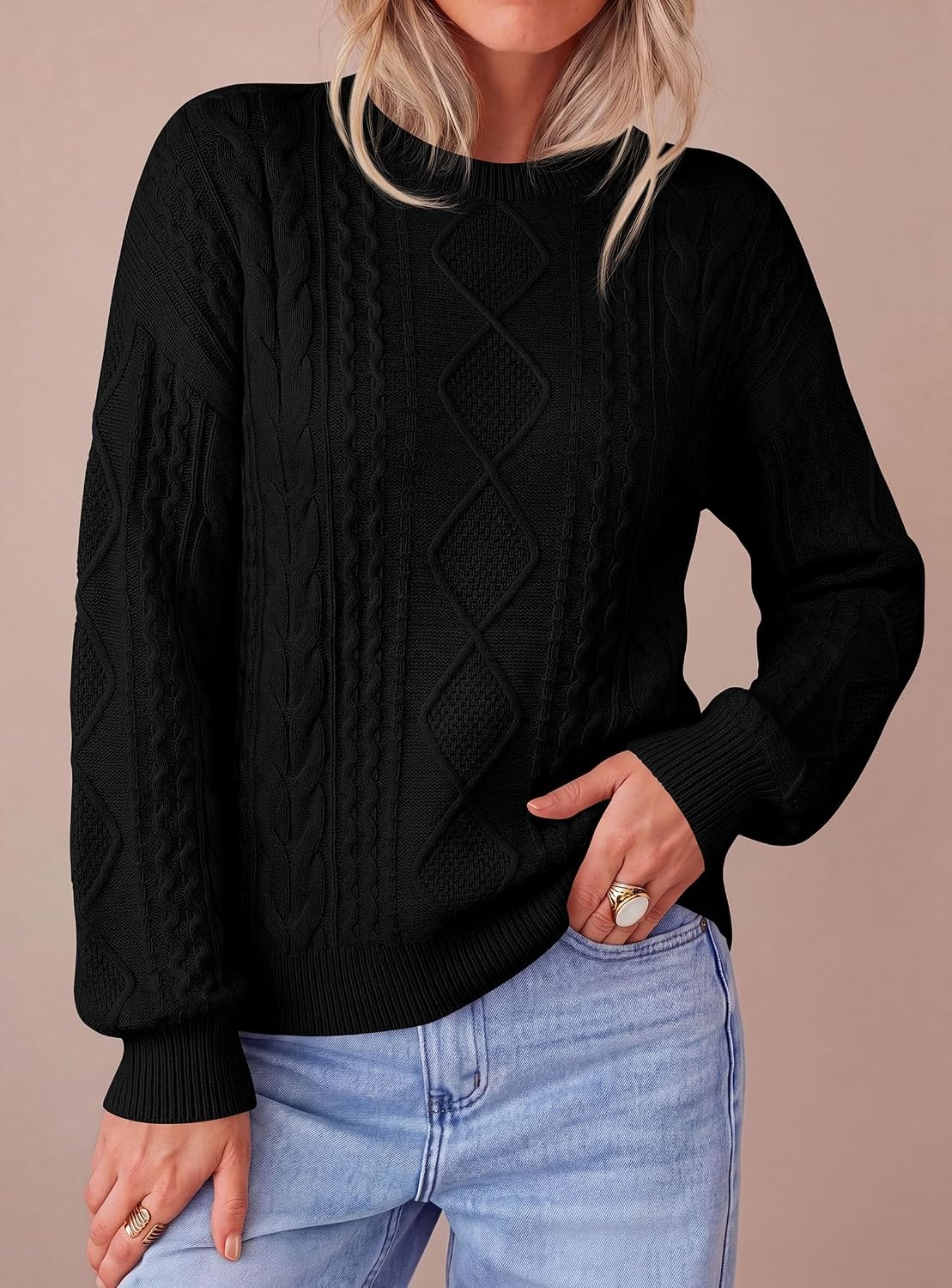 image:imagePRETTYGARDEN Womens Cable Knit Sweater Crewneck PulloverBlack