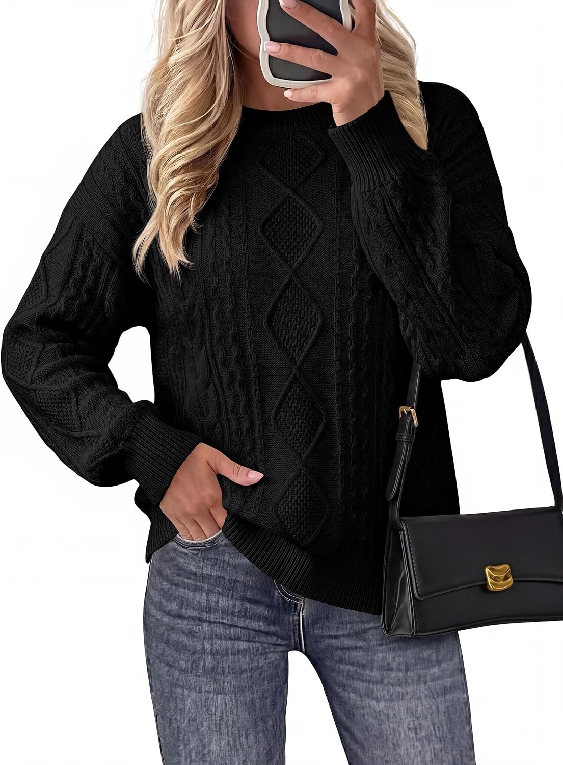 image:imagePRETTYGARDEN Womens Cable Knit Sweater Crewneck PulloverBlack