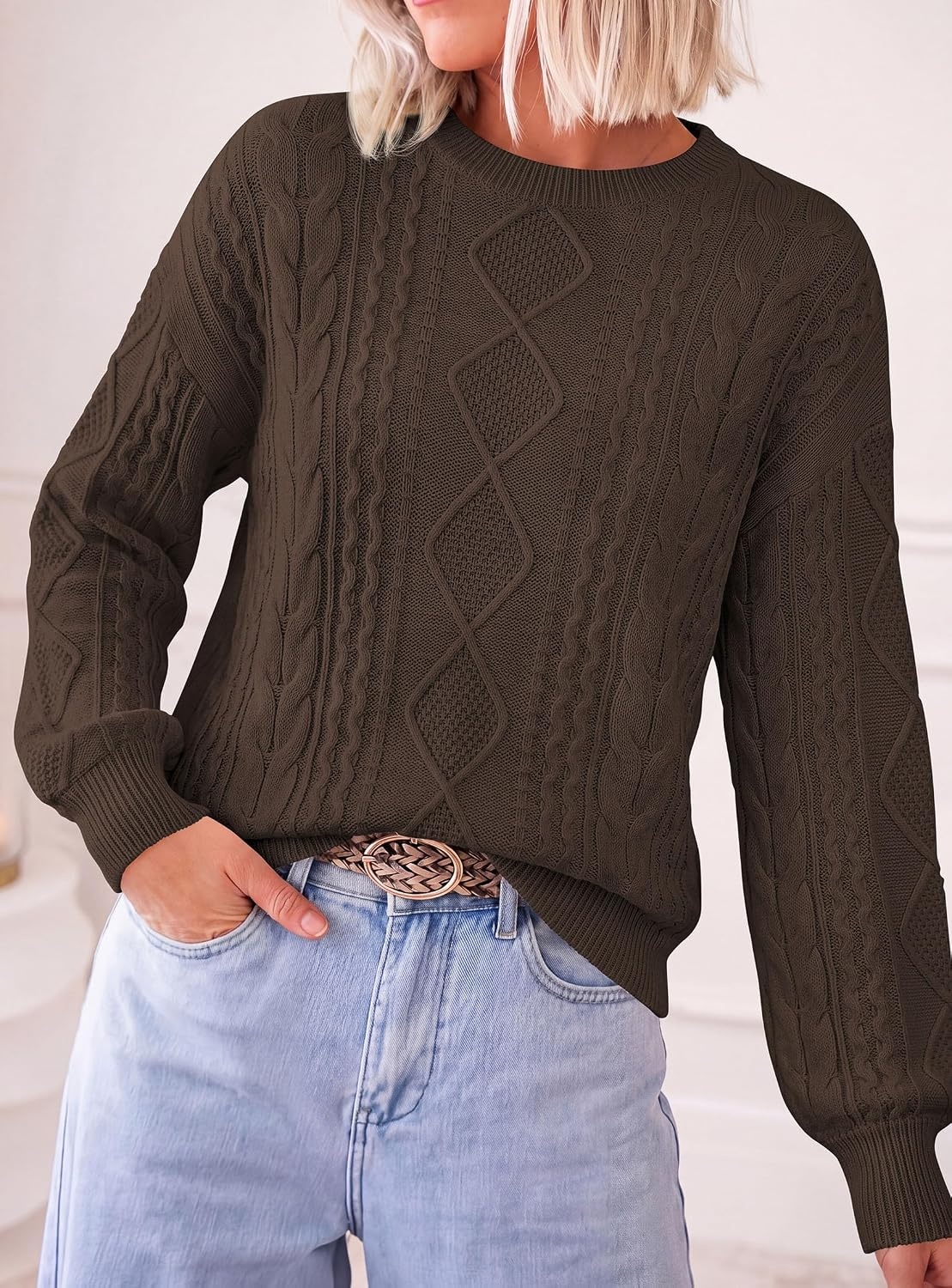 image:imagePRETTYGARDEN Womens Cable Knit Sweater Crewneck PulloverCoffee