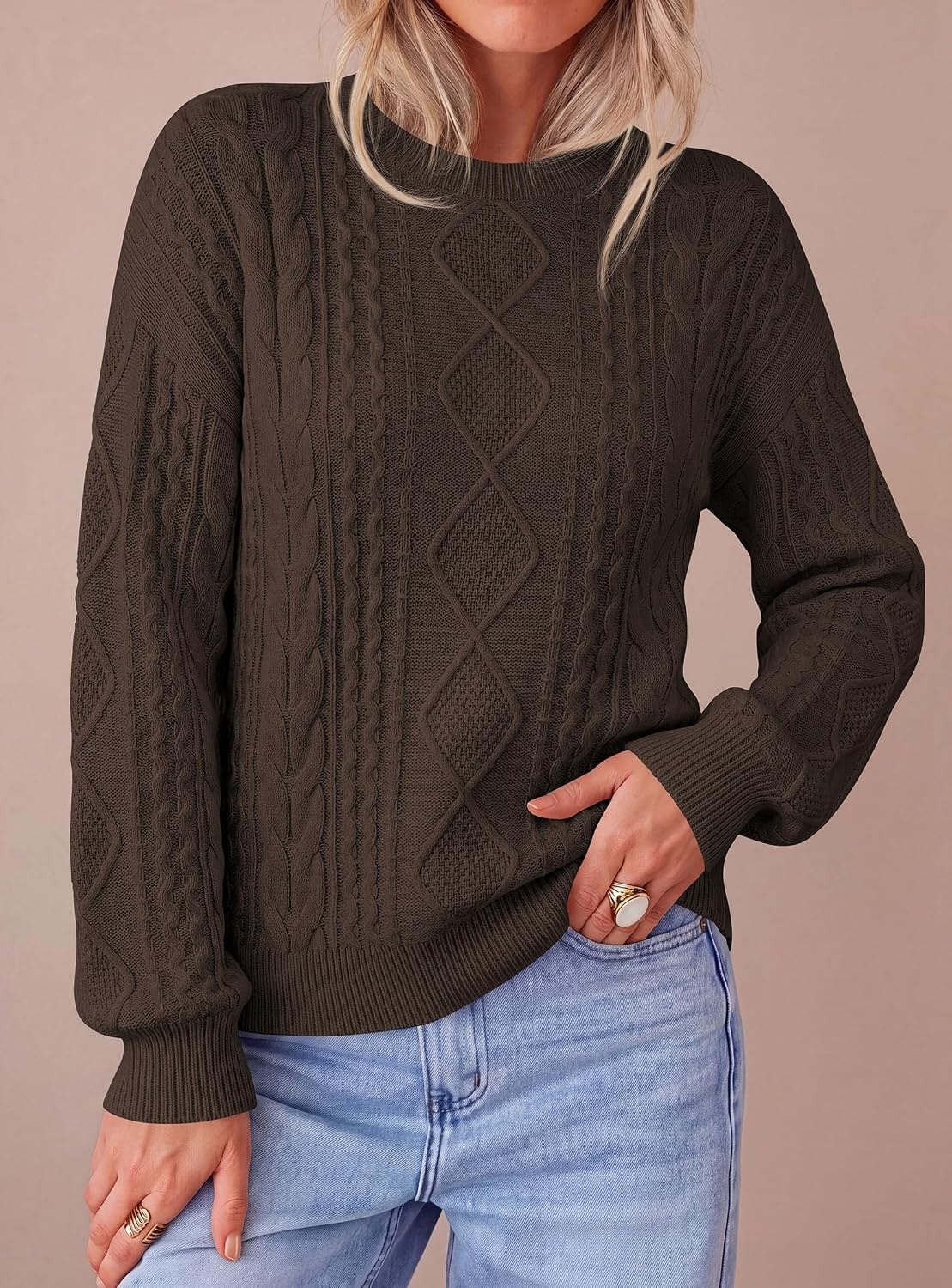 image:imagePRETTYGARDEN Womens Cable Knit Sweater Crewneck PulloverCoffee