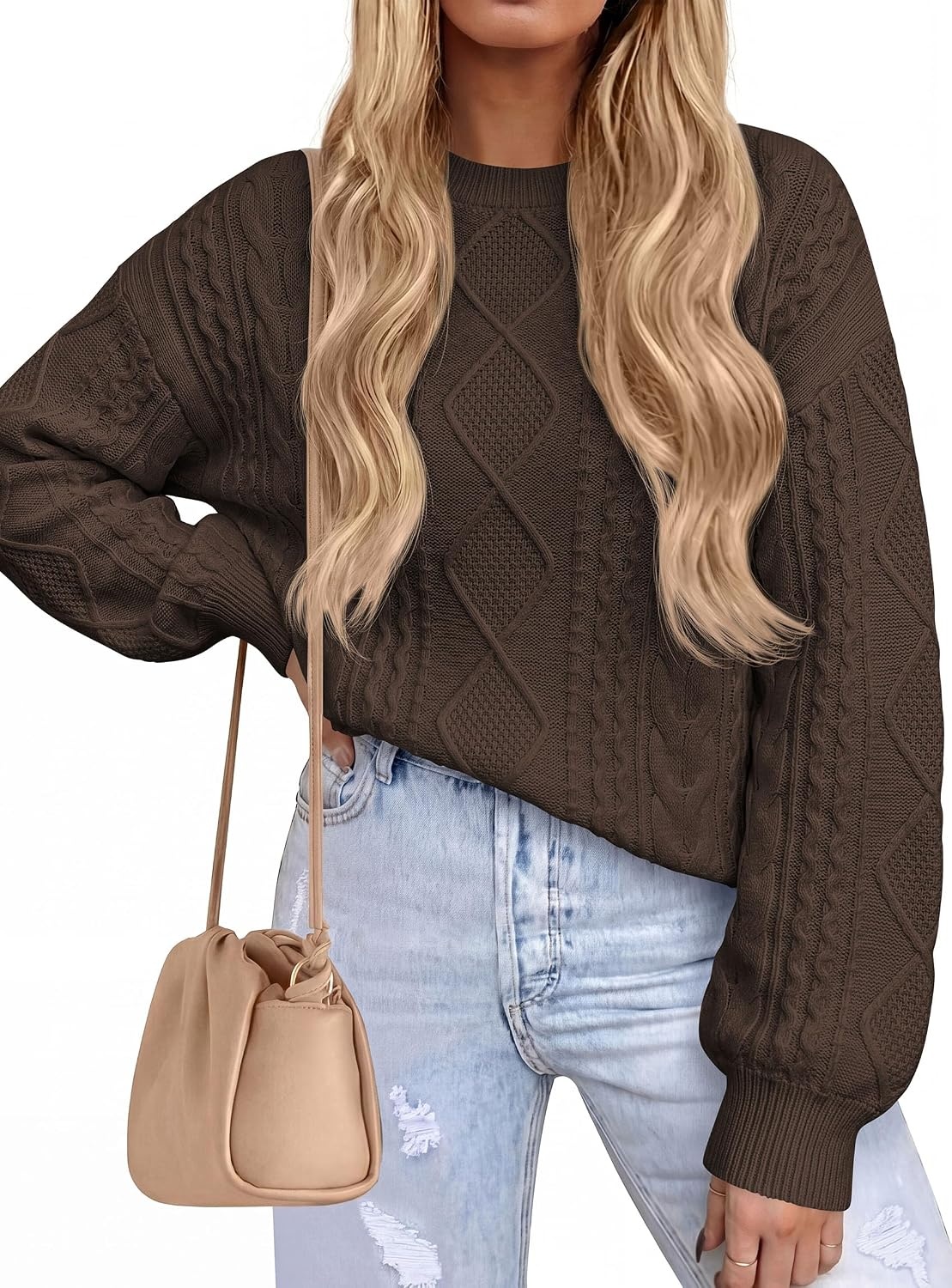 image:imagePRETTYGARDEN Womens Cable Knit Sweater Crewneck PulloverCoffee