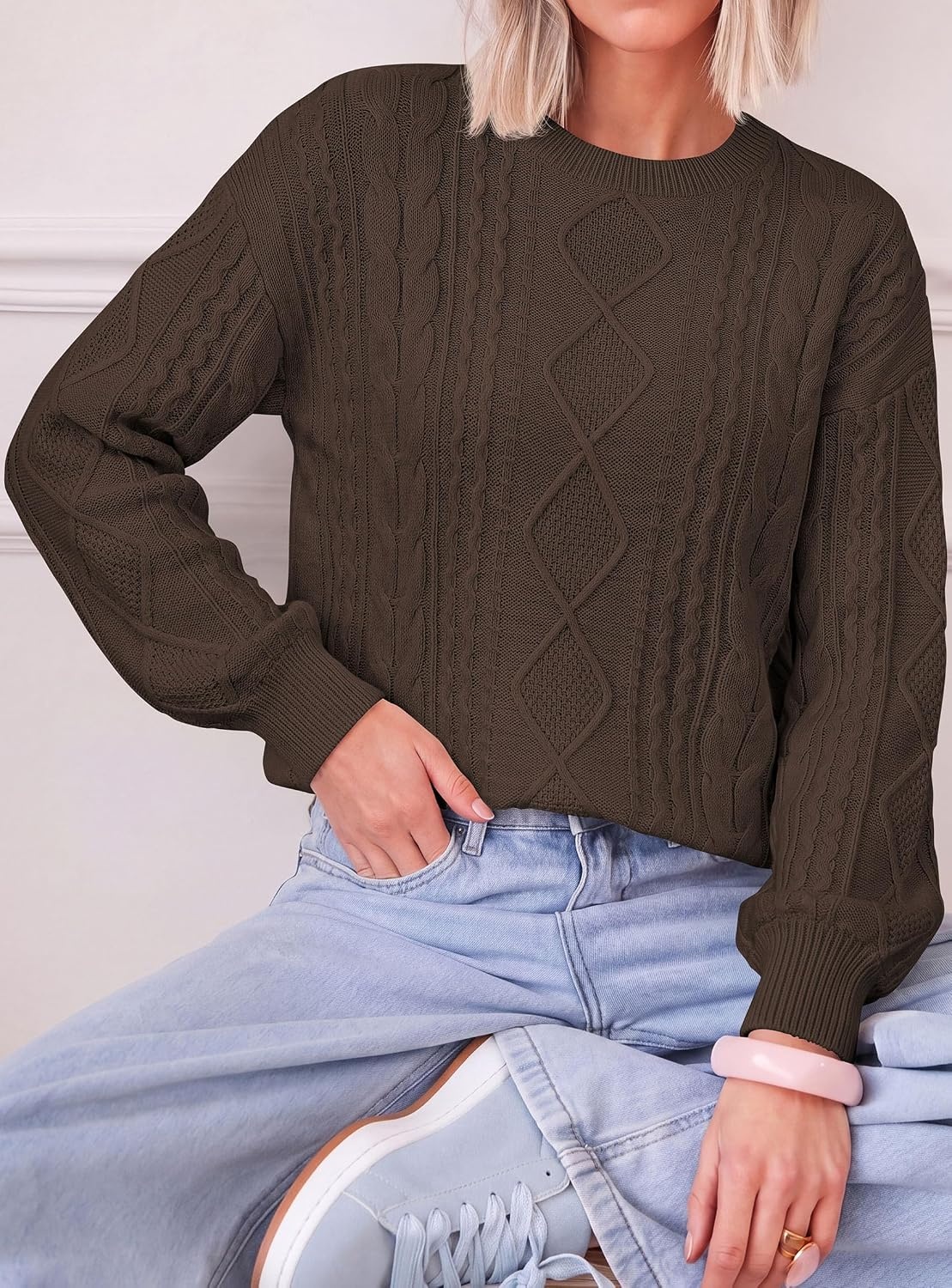 image:imagePRETTYGARDEN Womens Cable Knit Sweater Crewneck PulloverCoffee